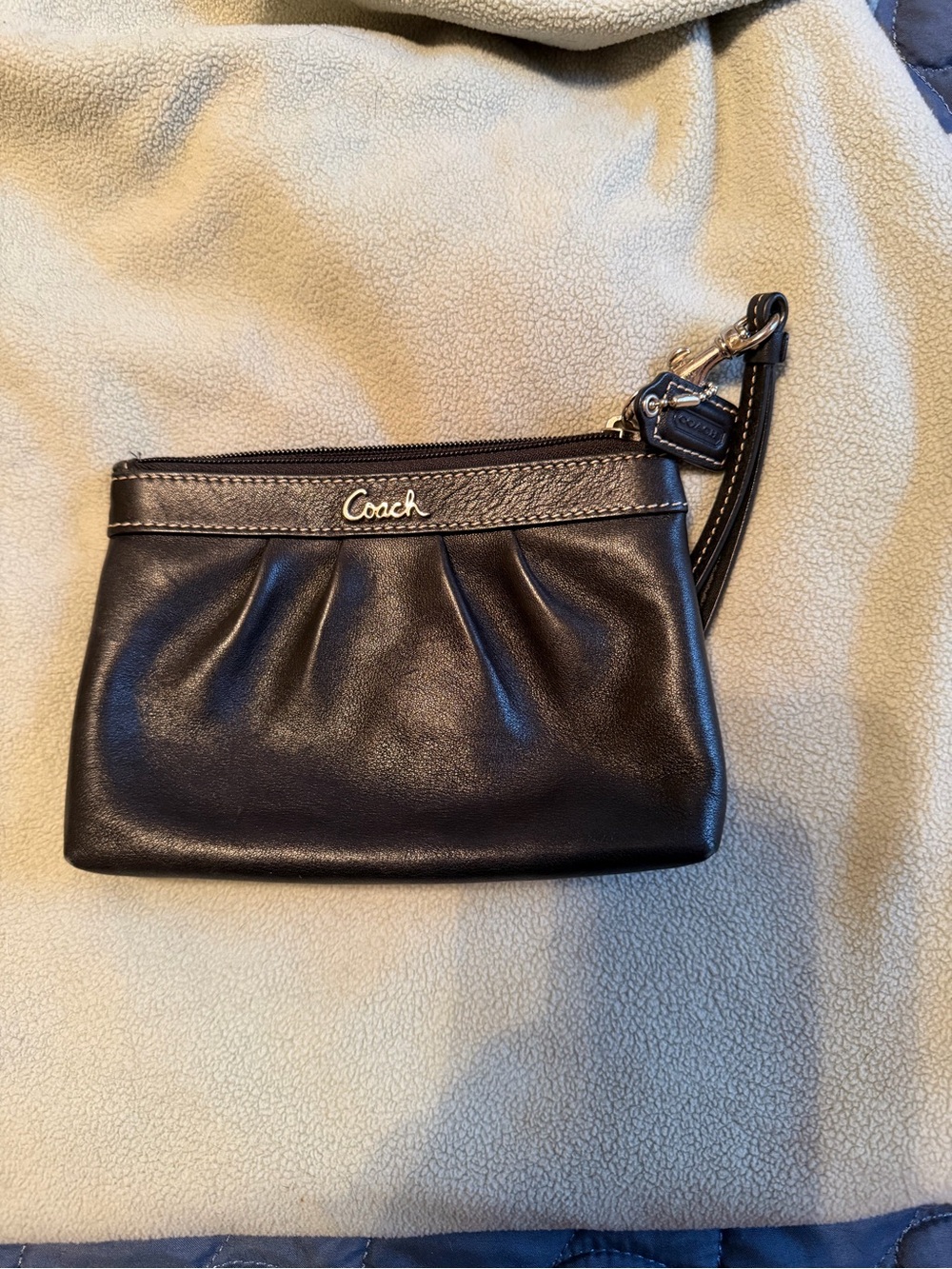 Coach Black Leather Pleated Wristlet with Silver Script